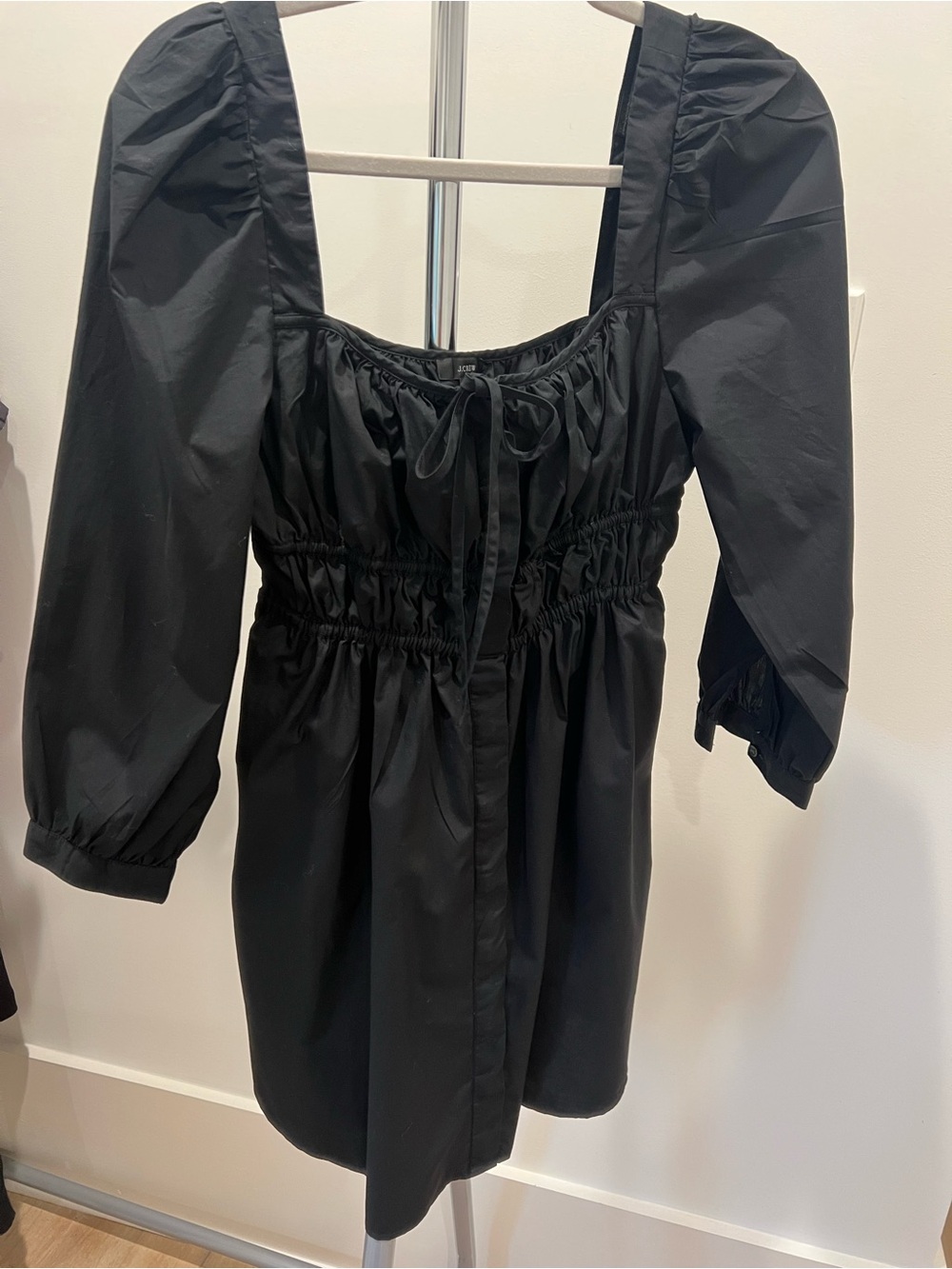 J. Crew Black Puff-Sleeve Square-Neck Mini Dress with Tie Front